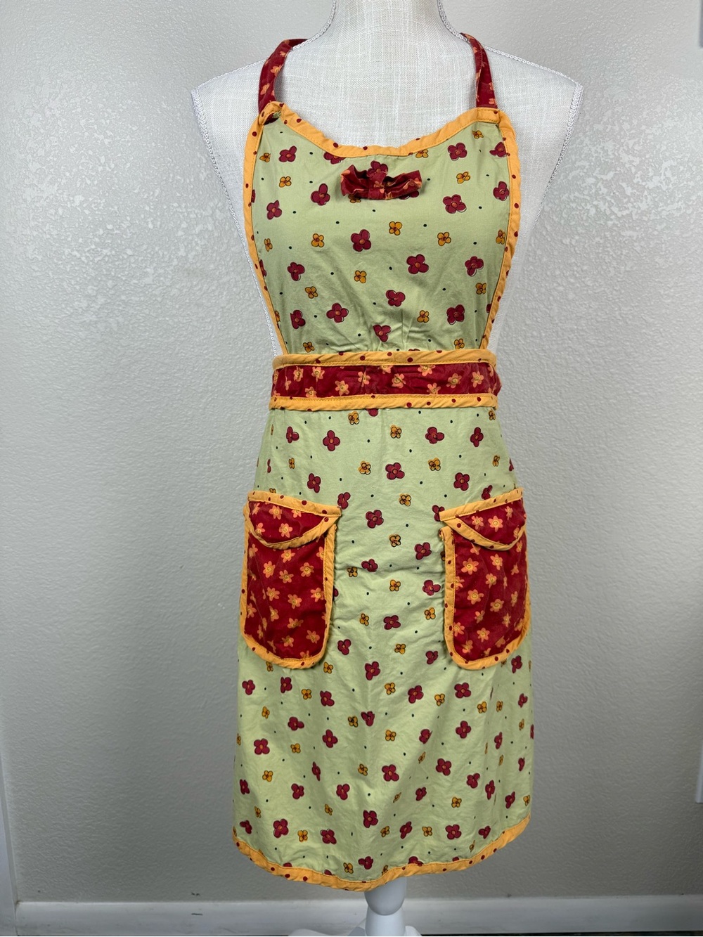 Yellow Floral Apron Dress with Red Accents